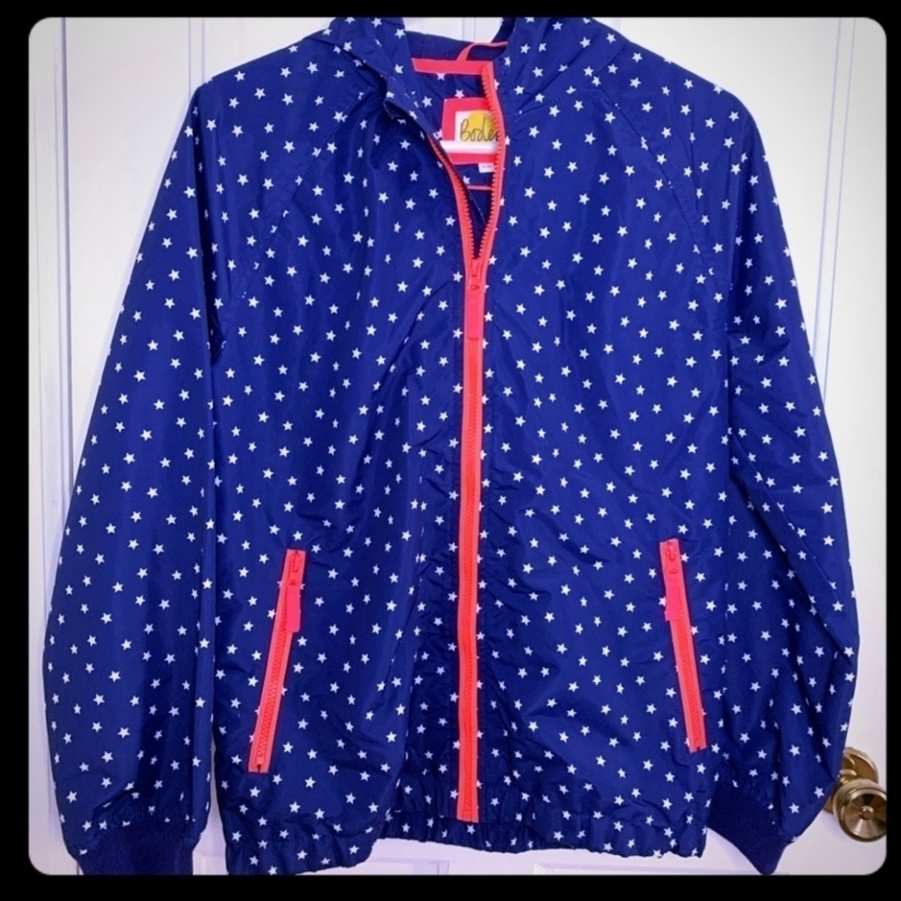 Boden Blue Star Pattern Windbreaker Jacket Girl's Size 9-10 Years Coral Zippers